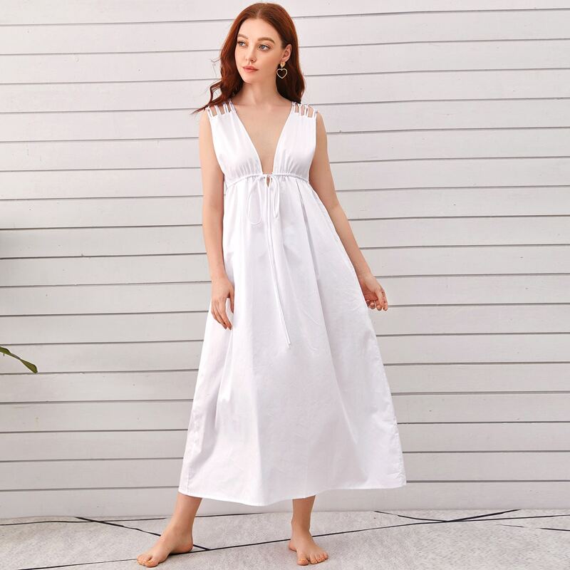

Plunging Neck High Waist Drawstring Dress, White