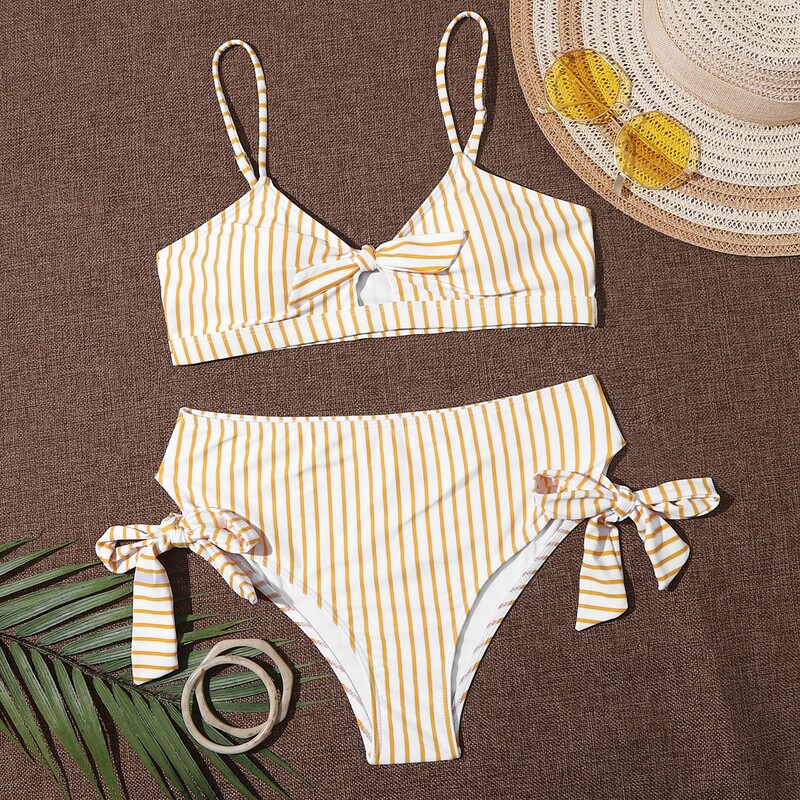 

Striped Knot Front Tie Side Bikini Swimsuit, Yellow