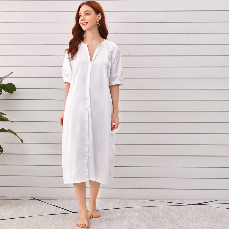 

Button Front Puff Sleeve Night Dress, White