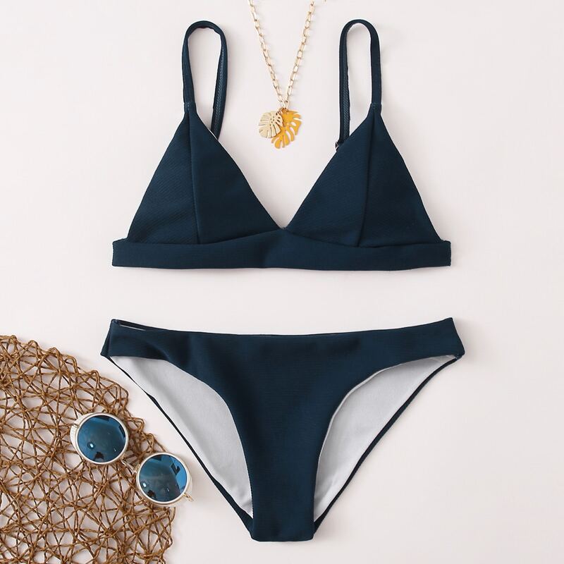 

Rib Seam Detail Triangle Bikini Swimsuit, Navy blue