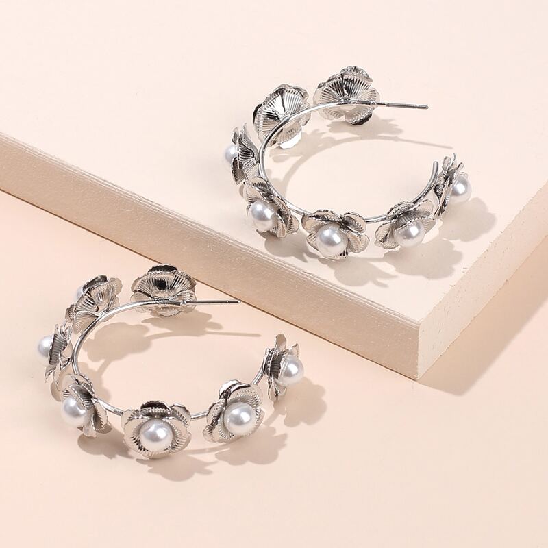 

Faux Pearl Flower Cuff Hoop Earrings, Silver
