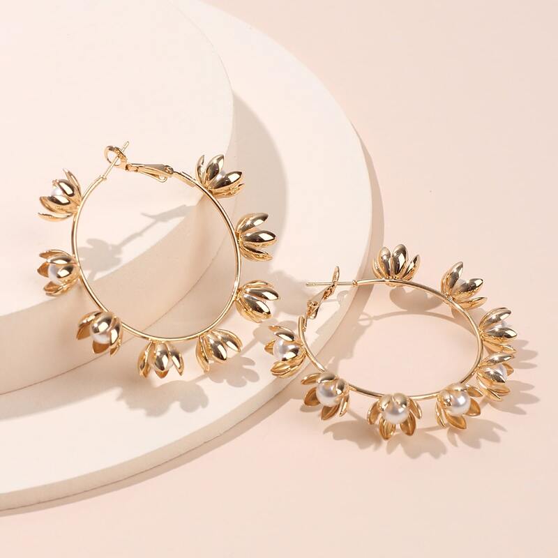

Faux Pearl Flower Hoop Earrings, Gold