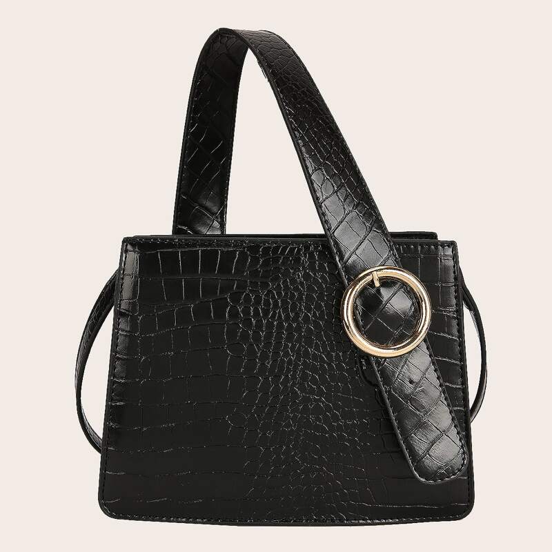 

Croc Embossed Satchel Bag, Black