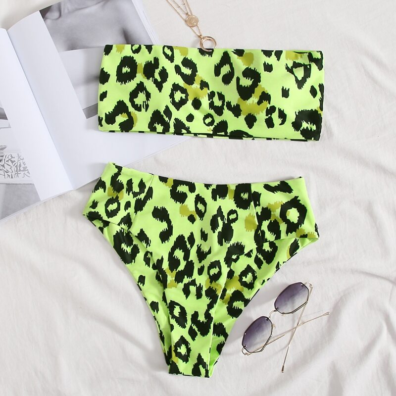 

Leopard Bandeau High Waisted Bikini Swimsuit, Multicolor