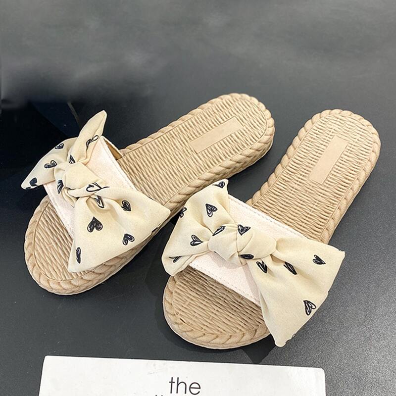 

Heart Print Bow Decor Wide Fit Sliders, Beige