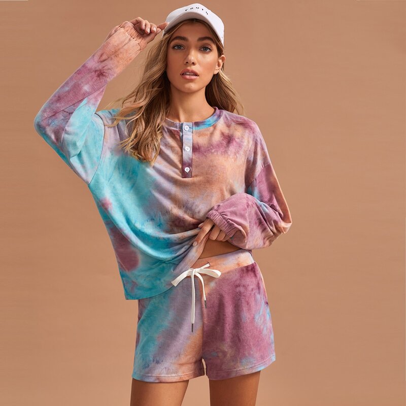 

Drop Shoulder Tie Dye PJ Set, Multicolor