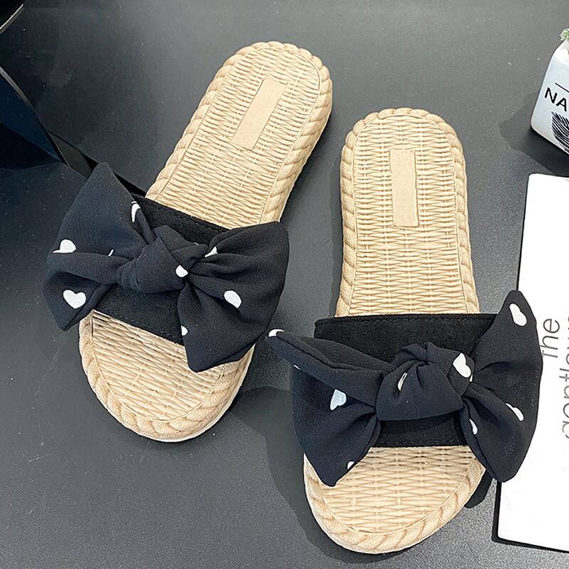 

Heart Print Bow Decor Wide Fit Sliders, Black