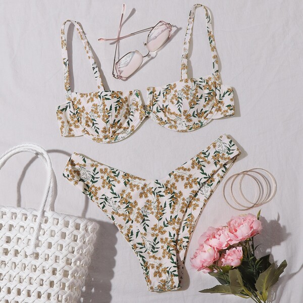 

Floral V Wired Underwire Bikini Swimsuit, Multicolor