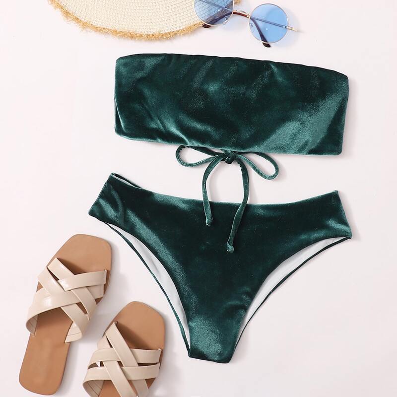 

Velvet Lace-up Bandeau Bikini Swimsuit, Green