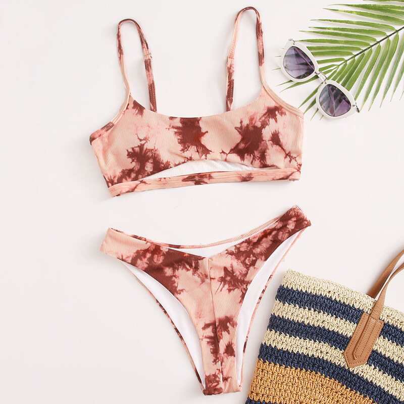 

Tie Dye Rib High Cut Bikini Swimsuit, Multicolor