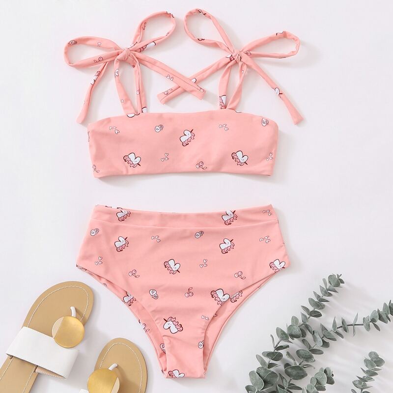 

Cartoon Unicorn Tie Shoulder Bikini Swimsuit, Pink