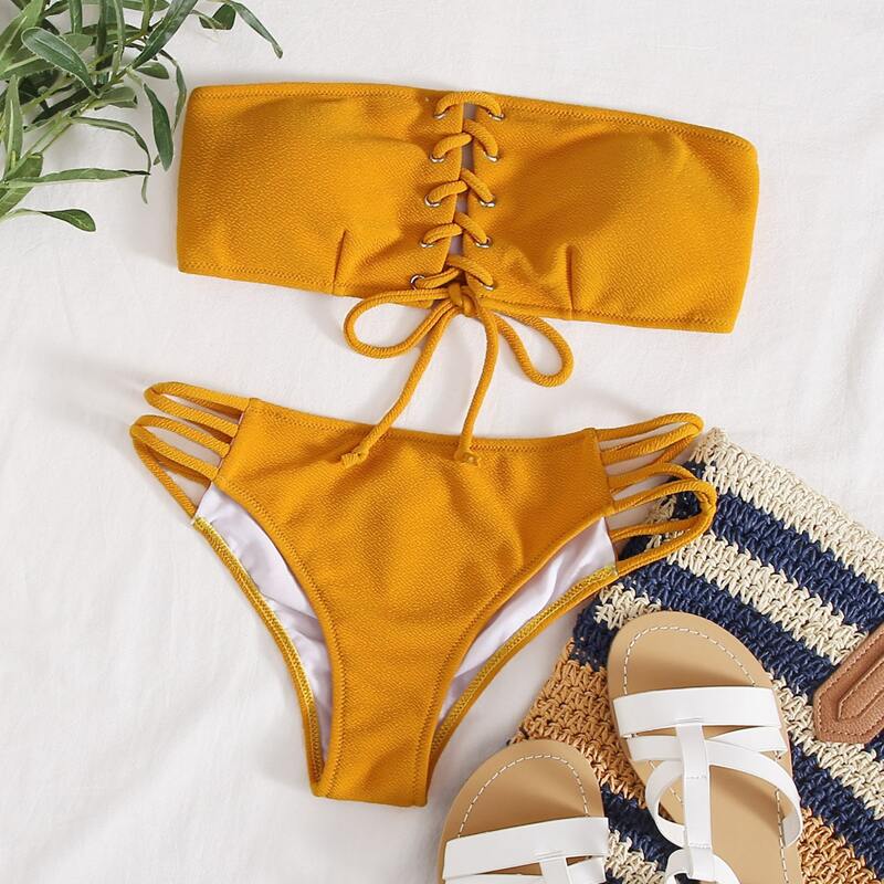

Textured Lace-up Bandeau Bikini Swimsuit, Yellow