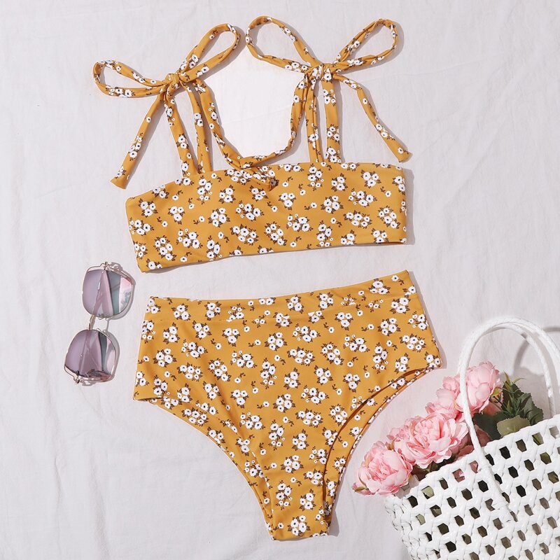 

Ditsy Floral Tie Shoulder Bikini Swimsuit, Yellow