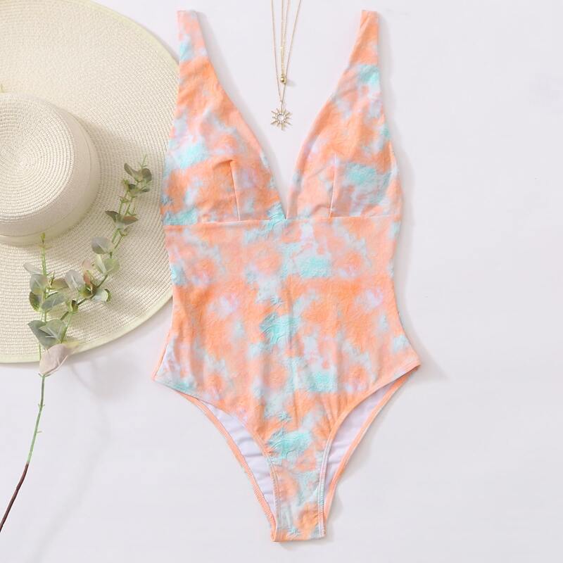

Tie Dye Plunging One Piece Swimsuit, Multicolor