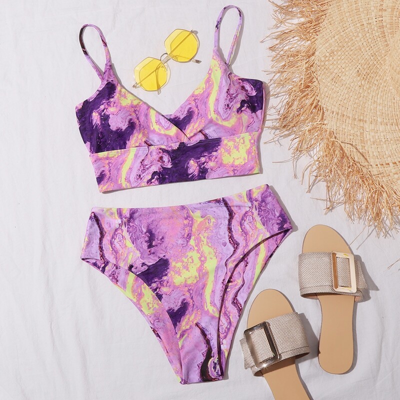 

Allover Graphic High Waisted Bikini Swimsuit, Purple