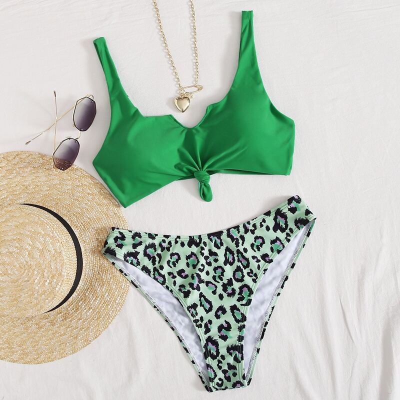 

Leopard Knot Hem Bikini Swimsuit, Green