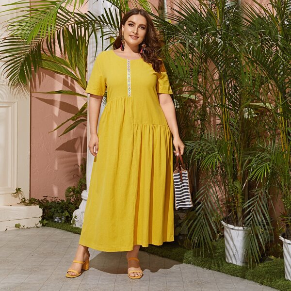 

Plus Tribal Tape Slant Pocket Smock Dress, Yellow