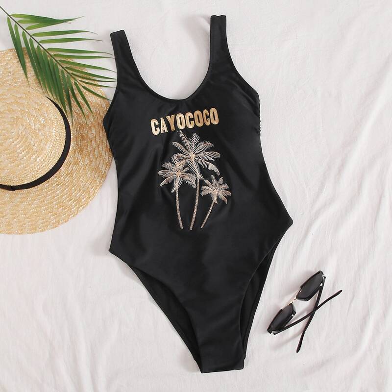 

Palm & Letter Embroidered One Piece Swimsuit, Black