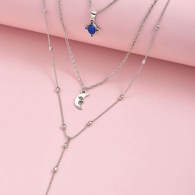 

Layered Moon Decor Necklace, Silver
