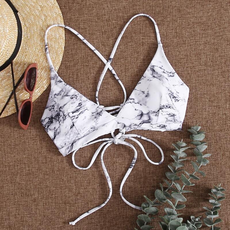 

Marble Pattern Tie Back Bikini Top, White