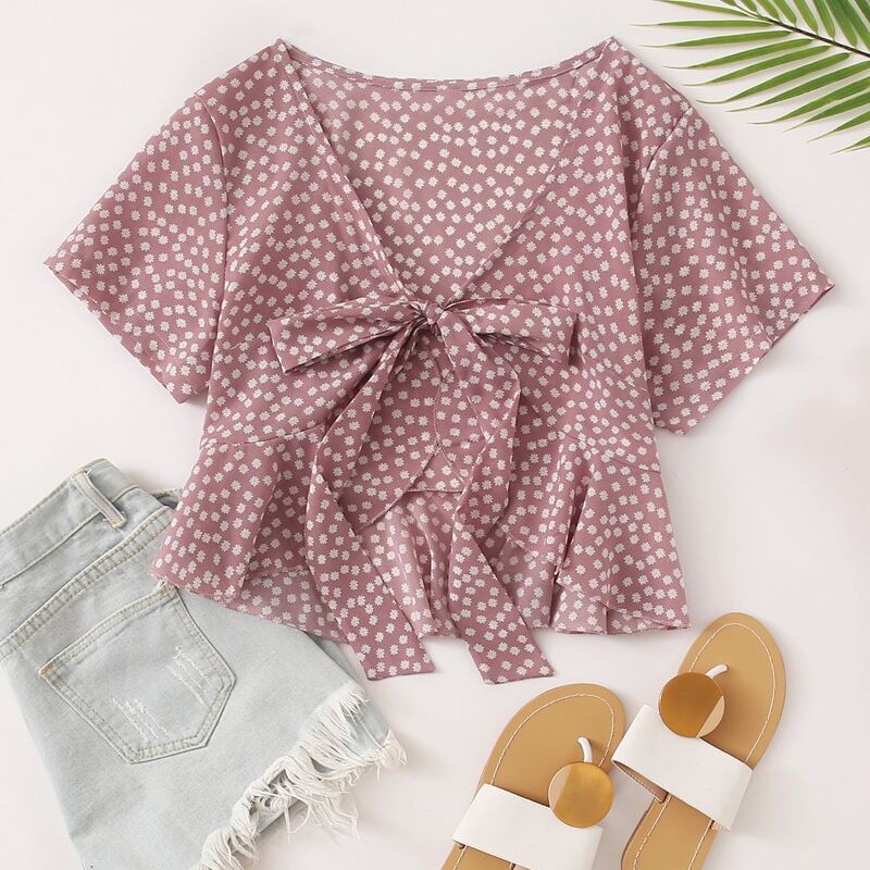 

Ditsy Floral Tie Front Ruffle Hem Top, Pink