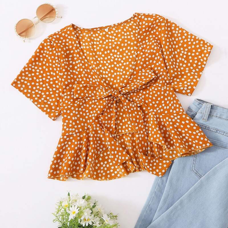 

Ditsy Floral Tie Front Ruffle Hem Top, Yellow