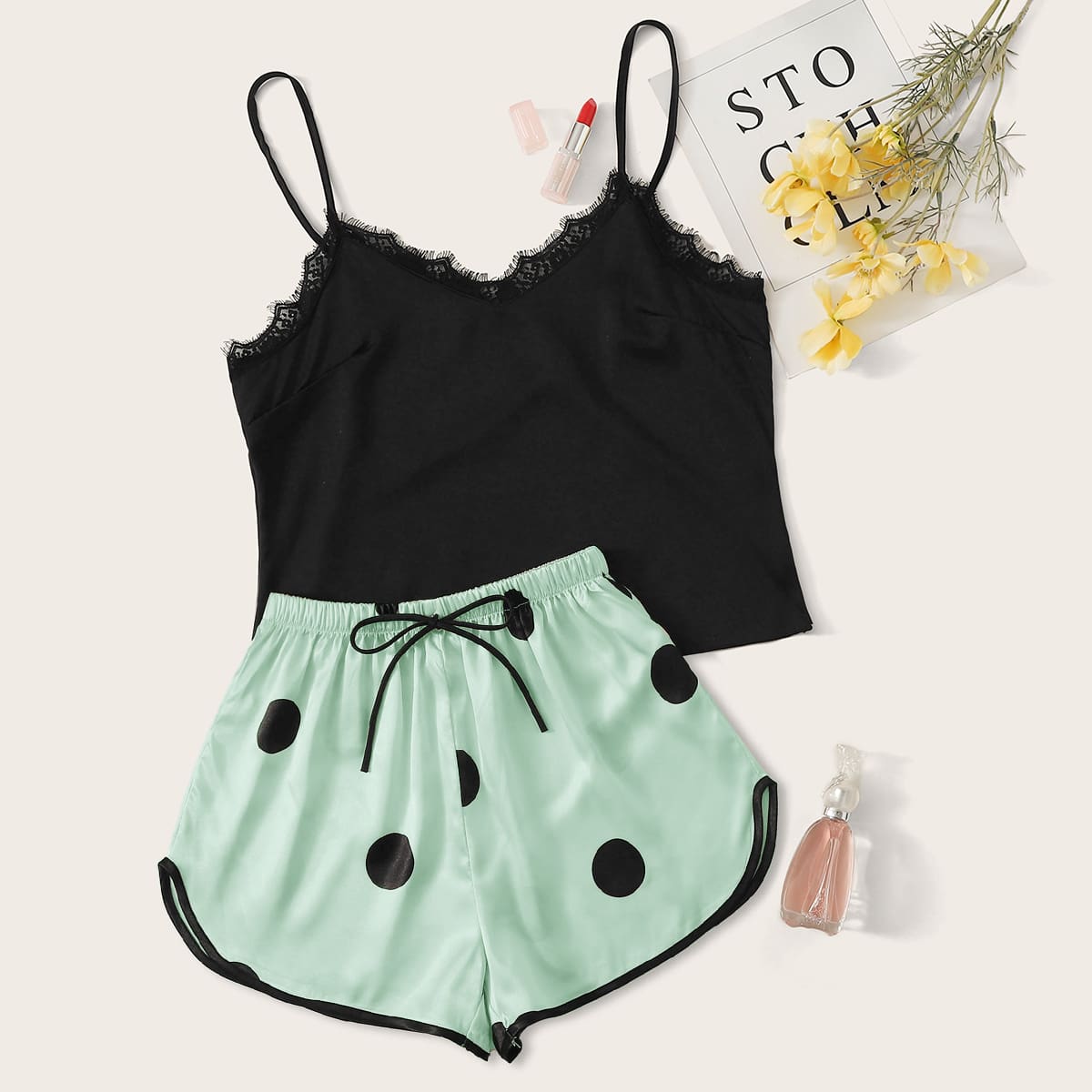 

Contrast Lace Cami Top & Polka Dot Shorts, Multicolor