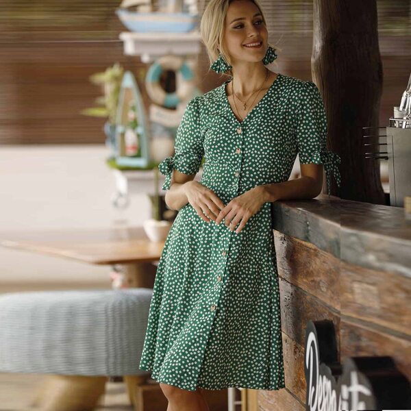 

V-neck Tie Cuff Button Front Daisy Floral Dress, Green