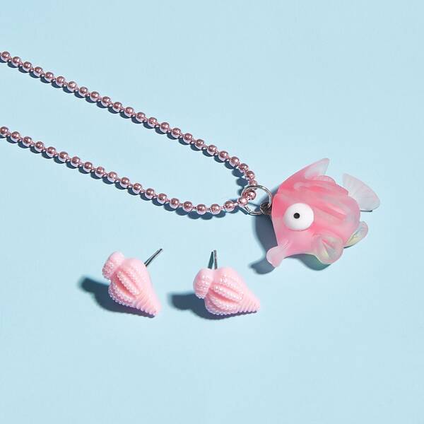 

3pcs Girls Fish Charm Jewelry Set, Pink