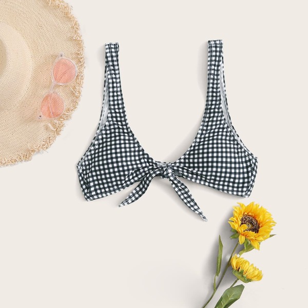 

Gingham Knot Front Bikini Top, Black and white
