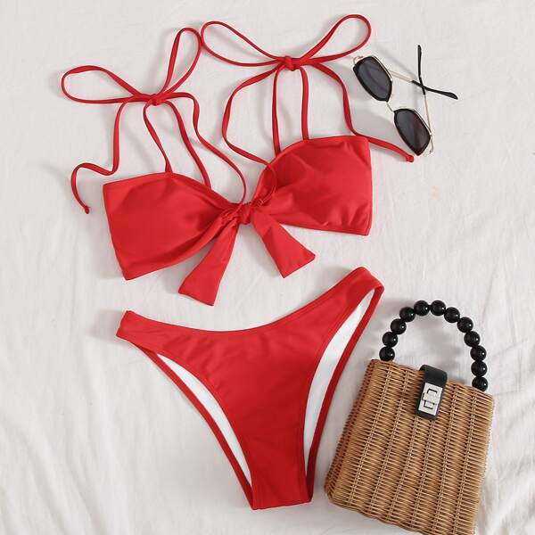 

Knot Front Tie Shoulder Bikini Swimsuit, Red