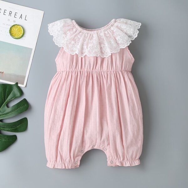 

Baby Girl Embroidery Mesh Panel Popper Romper, Pink