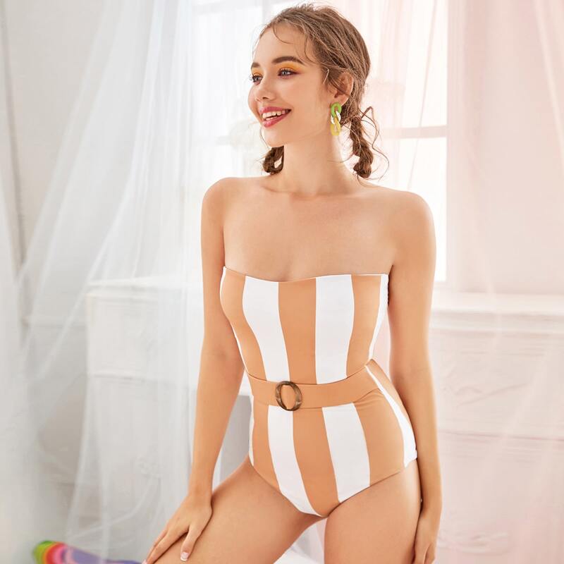 

Striped Bandeau One Piece Swimsuit, Khaki