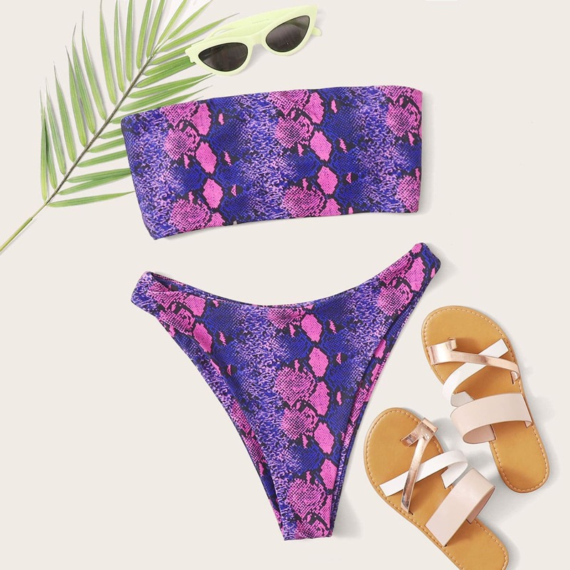 

Snakeskin Bandeau High Leg Bikini Swimsuit, Multicolor