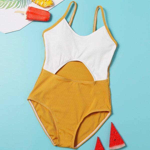 

Girls Rib Two Tone Cut-out One Piece Swimsuit, Multicolor