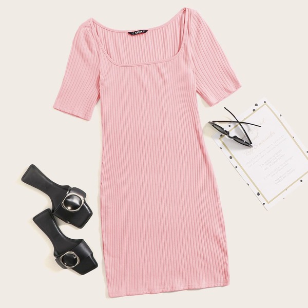 

Square Neck Rib-knit Bodycon Dress, Pink pastel