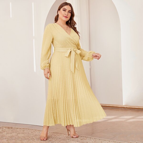 

Plus Lantern Sleeve Self Belted Pleated Glitter Dress, Yellow
