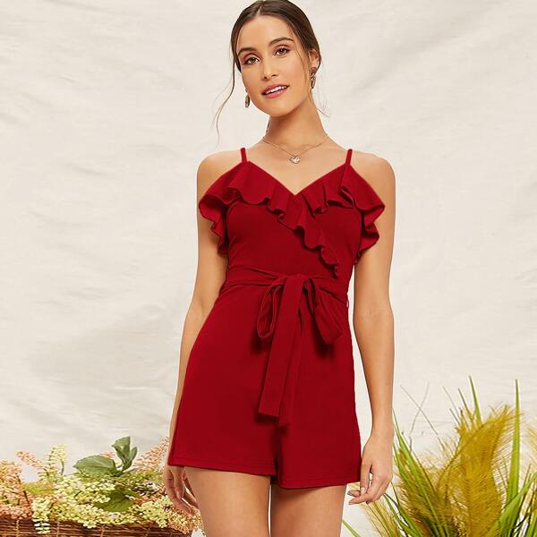 

Ruffle Trim Self Belted Slip Romper, Burgundy