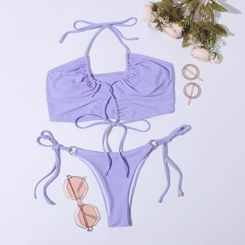 

Knot Front Halter Tie Side Bikini Swimsuit, Purple