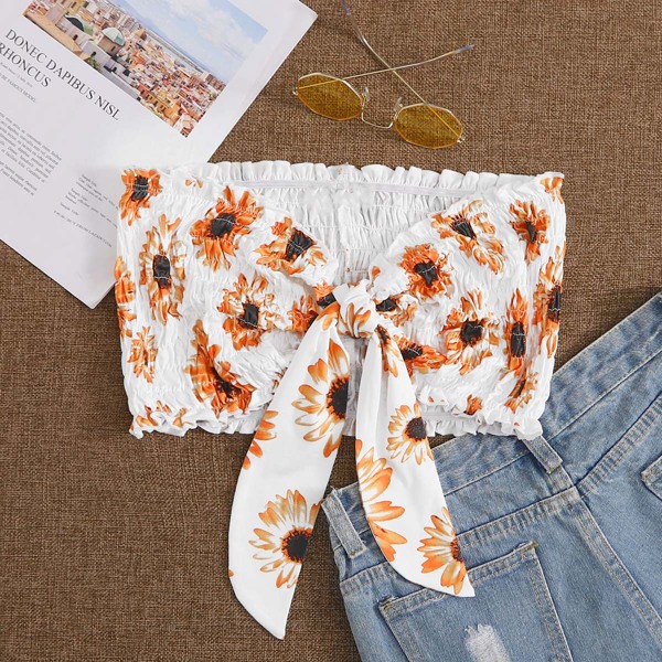 

Tie Back Shirred Floral Print Tube Top, White