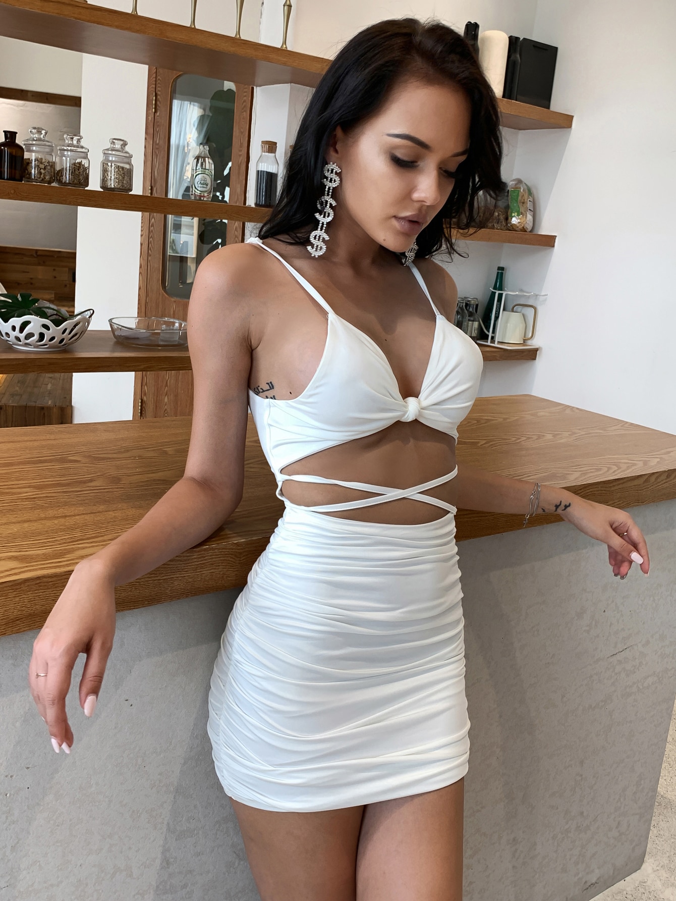 Twist Front Tie Back Ruched Bodycon Dress thumbnail