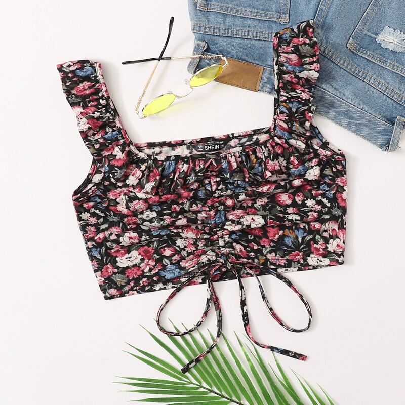 

Ruffle Strap Drawstring Front Crop Top, Multicolor
