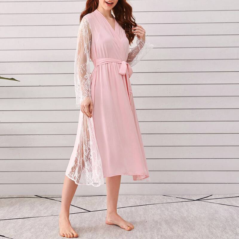 

Contrast Lace Belted Robe, Pink