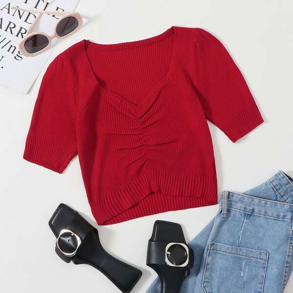 

Ruched Front Sweetheart Neck Knit Top, Red