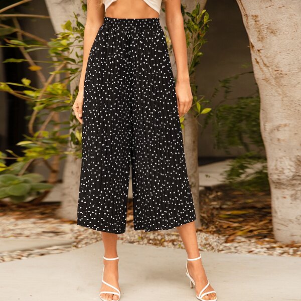 

Wide Leg Pleated Polka Dot Pants, Black