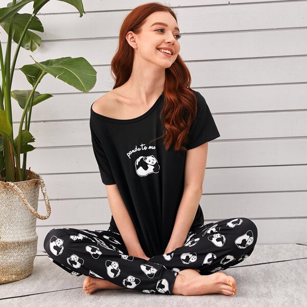 

Cartoon Panda Print PJ Set, Black