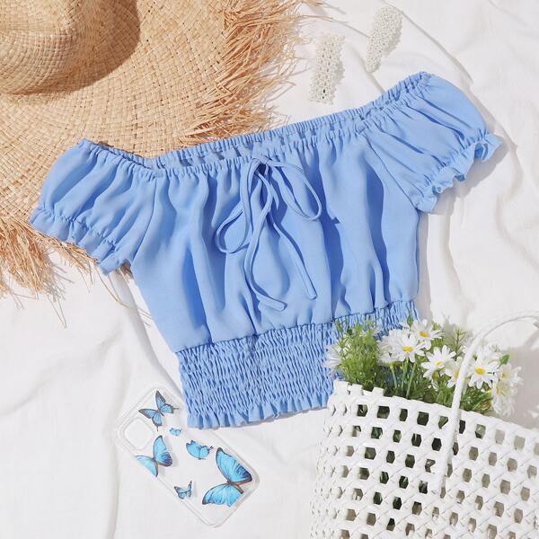 

Plus Tie Front Shirred Hem Top, Blue