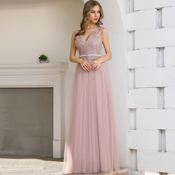

V Back Lace Bodice Mesh Prom Dress, Pink pastel