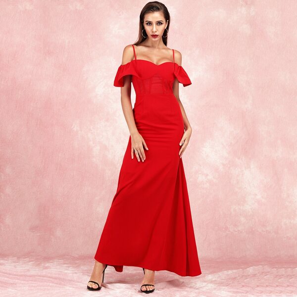 

Lucra Cold Shoulder Zip Back Ruffle Prom Dress, Red
