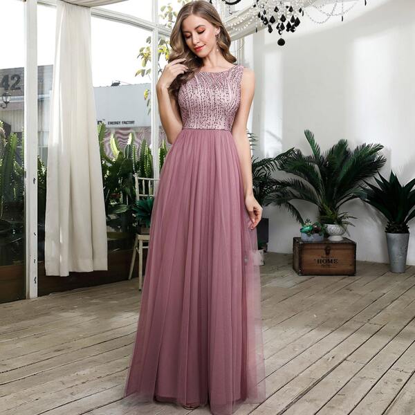 

Cut-out Back Sequin Bodice Mesh Prom Dress, Baby pink